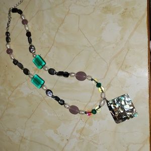 Pearl Abalone glass necklace w/ dubble sided Abalone and white shell pendent